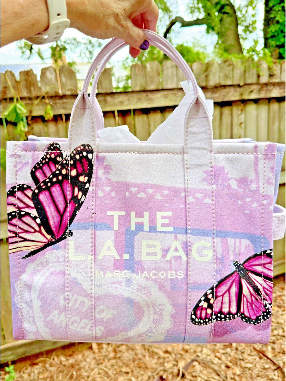 Marc Jacobs The Tote Bag Small Lavender Pink Butterfly Print Canvas Zip Crossbod
